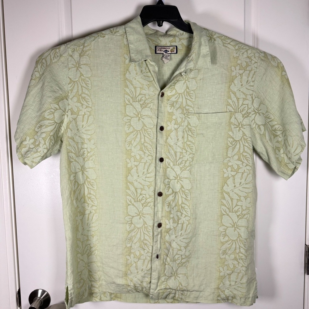Caribbean Joe Y2K 100% Linen‎ Hawaiian Camp Shirt XL Green Tropical Aloha